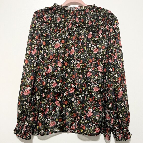 Old Navy Womens Dark Floral Peasant Top XL Metallic Balloon Sleeve Cottagecore - Picture 2 of 8